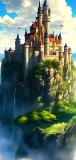 Fantasy castle floating above the clouds with a clear blue sky.