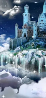 A fantasy castle above clouds with waterfalls and starry sky.