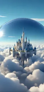 Fantasy castle floating in a glass sphere among clouds in the sky.