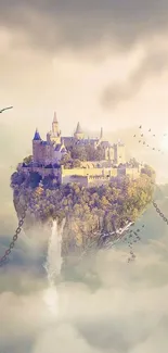 Fantasy castle floating in serene sky with chains and clouds.