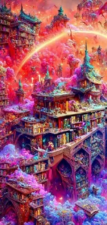 A vibrant fantasy castle surrounded by pink clouds and dragons.