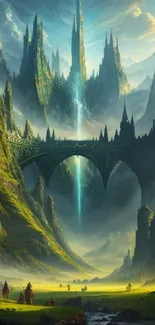 Majestic fantasy castle with bridge in green mountain landscape.