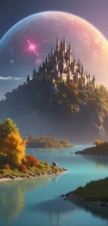 Fantasy castle with a cosmic sky and vibrant landscape.