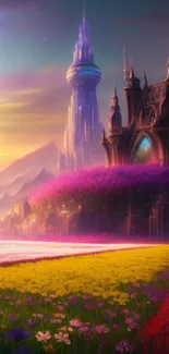 A fantasy castle with vibrant fields and a stunning sunset sky.