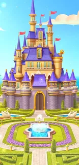 Fantasy castle with gold towers and lush gardens, mobile wallpaper.