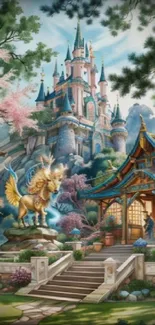 Fantasy castle and unicorn wallpaper on mobile device.