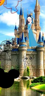 Magical castle with fantasy characters in vibrant wallpaper.