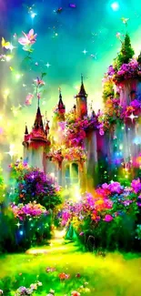 Colorful fantasy castle with vibrant flowers.