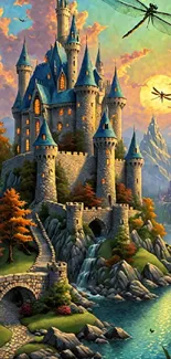 Fantasy castle with dragonflies over river and vibrant sky.