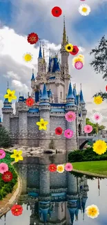 Fantasy castle with blue spires reflecting in a serene river under a cloudy sky.