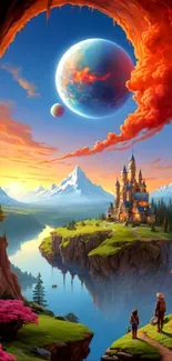 Colorful fantasy landscape with a castle and planets.