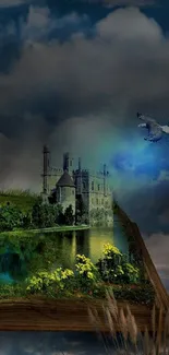 Fantasy castle with lush landscape and birds in the sky.