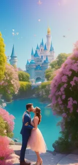 Romantic couple in front of a fantasy castle with colorful flowers.