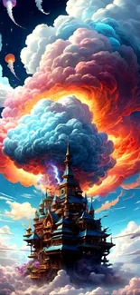 Fantasy castle with colorful clouds in a vibrant sky.