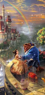 Fantasy scene with castle, rainbow, and characters under a colorful sunset.