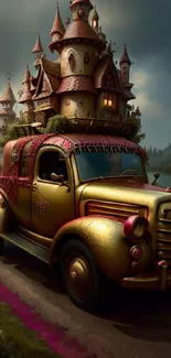 Whimsical scene with a castle on a vintage truck under a cloudy sky.