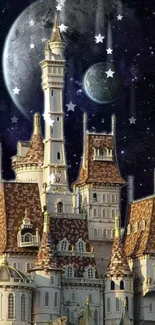 Fantasy castle beneath a starry sky with a magical night ambiance.