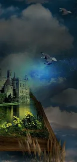 Fantasy castle with birds soaring in a dreamy sky.