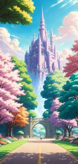 Magical castle surrounded by colorful trees and pink blossoms.