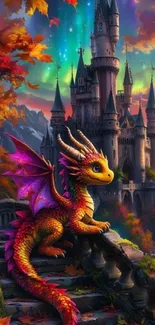 A colorful dragon in front of a majestic castle with aurora lights.
