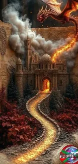 Fantasy castle with dragon and glowing path in magical scene.