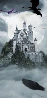 Fantasy castle with dragons in a cloudy, moonlit night.