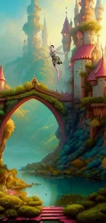 Fantasy castle with a fairy flying over a serene river in a magical landscape.