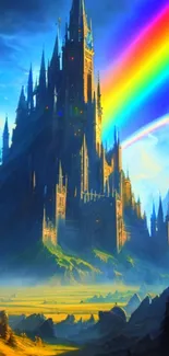 Enchanting castle with rainbow in fantasy landscape.