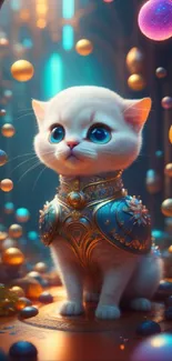 Armored kitten surrounded by colorful orbs in a fantasy world.