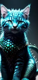 Fantasy cat with blue dragon scales mobile wallpaper.