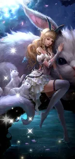 Fantasy cat-girl with mystical creatures in moonlit scene.