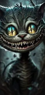 A gothic fantasy cat with vivid eyes, in a dark and surreal setting, mobile wallpaper.