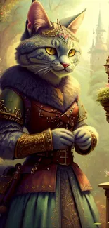 Illustrated fantasy cat in magical forest setting