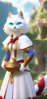 Regal fantasy cat in enchanted valley scene with magical castle backdrop.