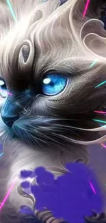 Vibrant fantasy cat with neon lights and deep blue eyes on a mobile wallpaper.