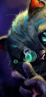 Mystical fantasy cat with vibrant eyes and colorful fur on a dark background.