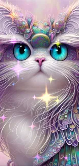 Fantasy cat with blue eyes and colorful patterns in digital art style.