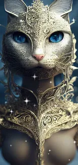 Fantasy cat warrior with blue eyes and golden armor.