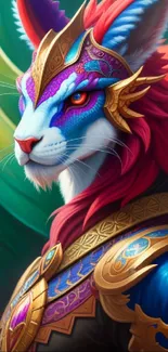 Fantasy cat warrior in vibrant armor and colors, perfect for mobile wallpaper.