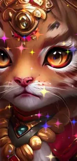 Fantasy feline warrior with vibrant colors and sparkles.