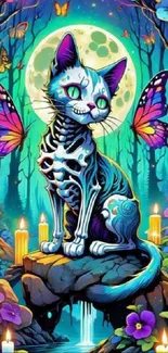 Mystical cat with butterfly wings in neon forest