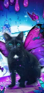 Black cat with vibrant purple butterfly wings in fantasy scene.