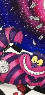 Whimsical purple striped cat in fantasy setting with checkerboard path.