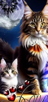 Majestic fantasy cats under moonlight with wings and love symbols.