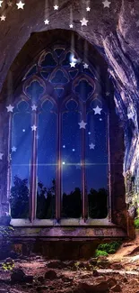 Fantasy cave with gothic window under starry night sky.