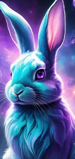 A vibrant celestial rabbit in a cosmic setting with glowing colors.