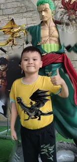 Child poses with dragons and anime character in colorful fantasy wallpaper.