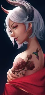 Fantasy character with tattoos and red backdrop.