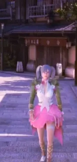 Fantasy character in pink outfit on a village street wallpaper.