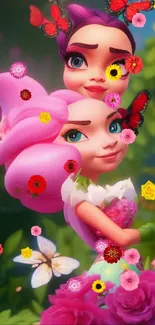 Fantasy characters with pink flowers and butterflies in vibrant art.